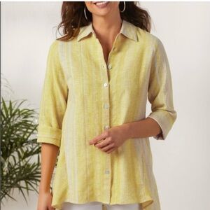 3422 NEW Soft Surroundings Livienne Yellow Striped Linen Button Down XL